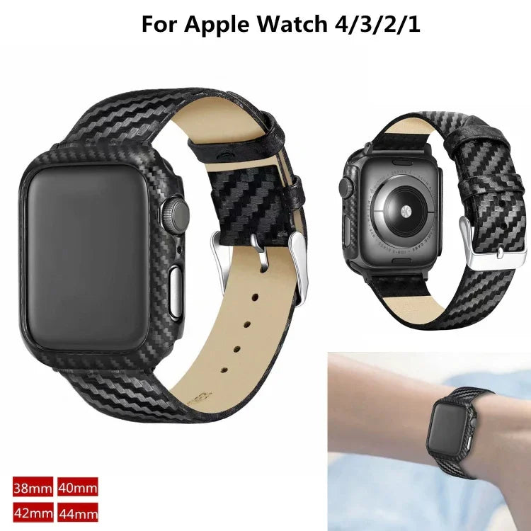 Correia de Fibra de Carbono em Pele Genuína + Moldura para Apple Watch Series 3 & 2 & 1 38mm, Apple Watch Series 3 & 2 & 1 38mm