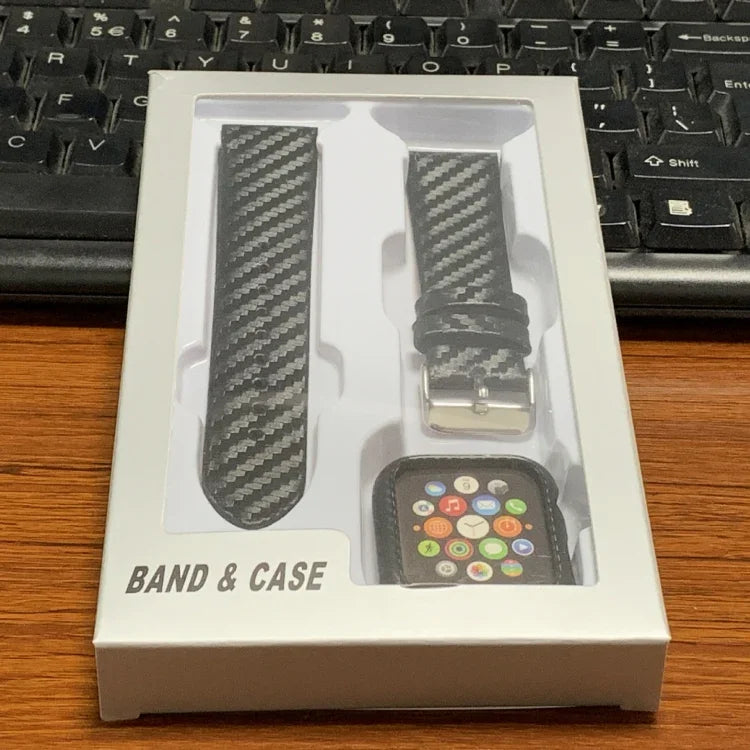 Pulseira de Fibra de Carbono em Pele Genuína + Moldura para Apple Watch Série 3 & 2 & 1 42mm, Apple Watch Série 3 & 2 & 1 42mm