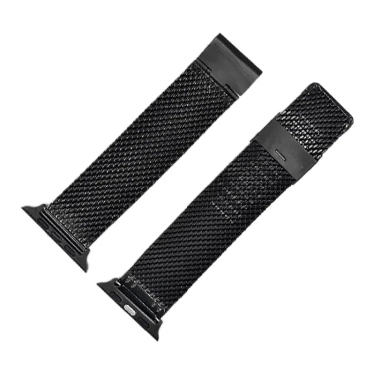 Milanese watch band for Apple Watch in black, compatible with various models and sizes.