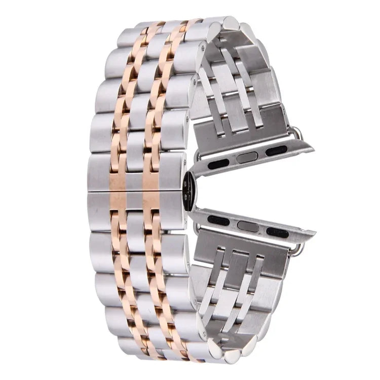 Correia de Relógio Feminina com Fivela Borboleta Oculta de 20mm e 7 Contas em Aço Inoxidável Para Apple Watch 38mm (Prateado Dourado), 20mm Feminina