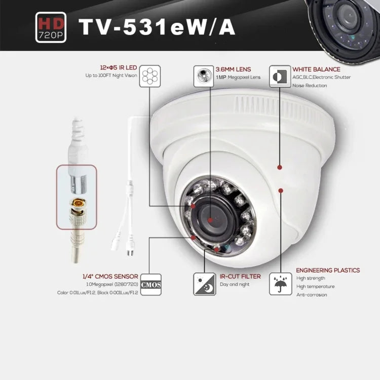 531eA Câmara AHD Impermeável Certificada CE & RoHS com Lente 3.6mm 3MP e 12 LEDs IR, Suporta Visão Noturna & Balanço de Brancos, 531eA-W, 531eA-L, 531eA-H2