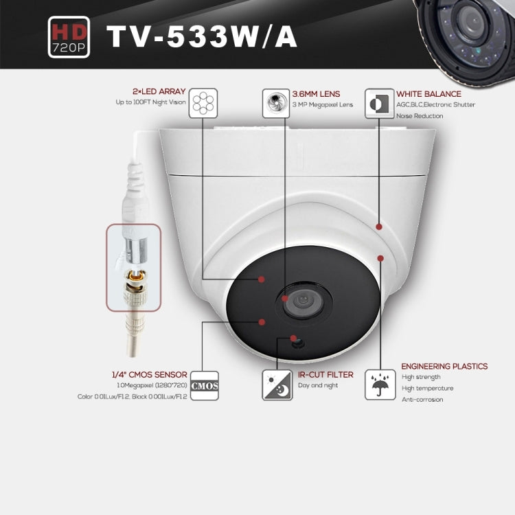 Câmara AHD 533A CE & RoHS Certificada à Prova de Água com Lente 3.6mm 3MP e 2 Conjuntos de LEDs IR, Suporta Visão Noturna & Balanço de Brancos, 533A-H2, 533A-W, 533A-L