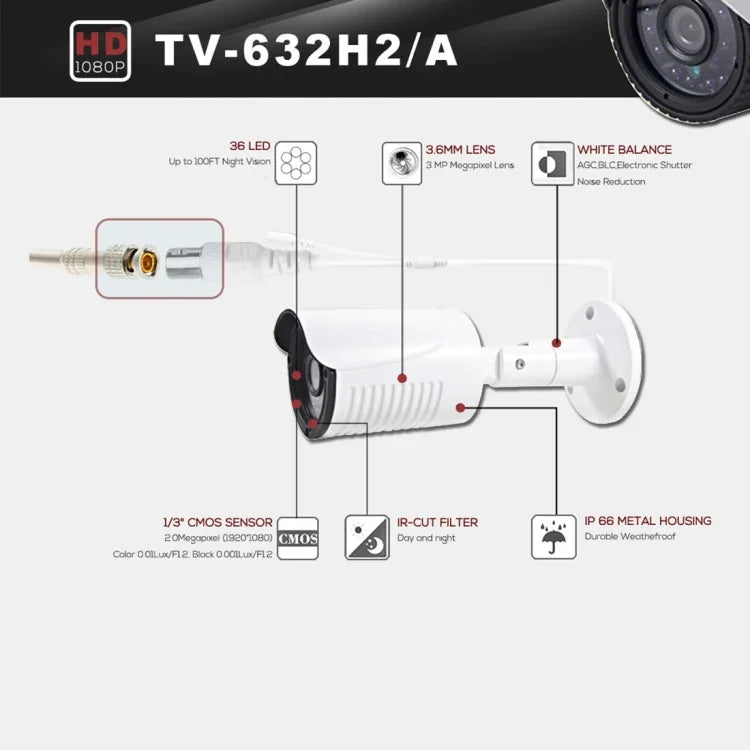 Câmara AHD com Lente 3.6mm 5MP à Prova de Água Certificada CE & RoHS com 36 LEDs IR, Suporta Visão Noturna & Balanço de Brancos, 632A-H2, 632A-W, 632A-L