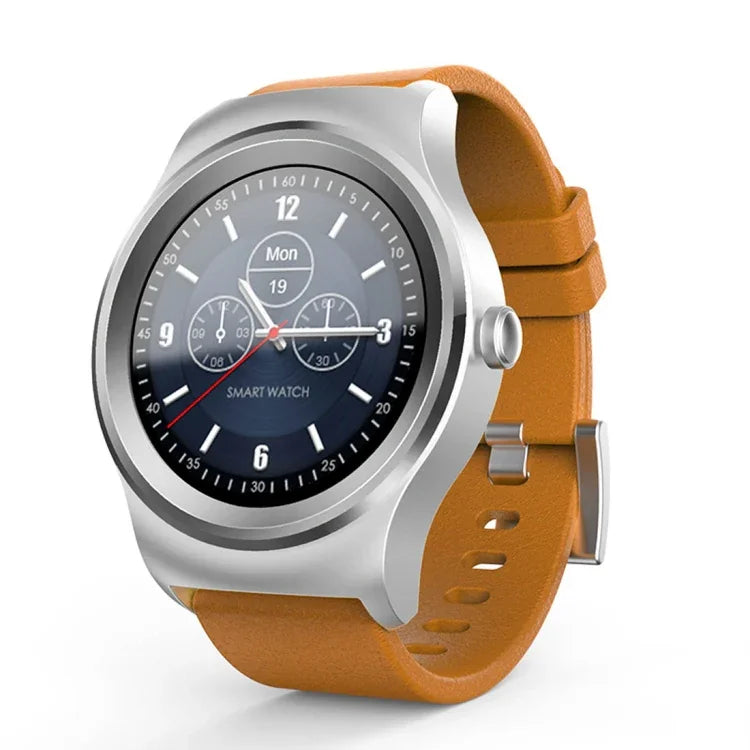 SMA-Round 1.28 inch Color Touch Screen Bluetooth Smart Watch, Waterproof, Support Voice Control / Heart Rate Monitor / Sleep Monitor / Bluetooth Camera, Compatible with Android and iOS System, SMA-Round/Orange Leather Strap, SMA-Round/Silver Leather St...