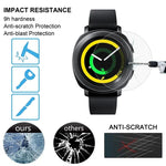 Samsung Gear Sport tempered glass screen protector showing impact resistance and anti-scratch features.