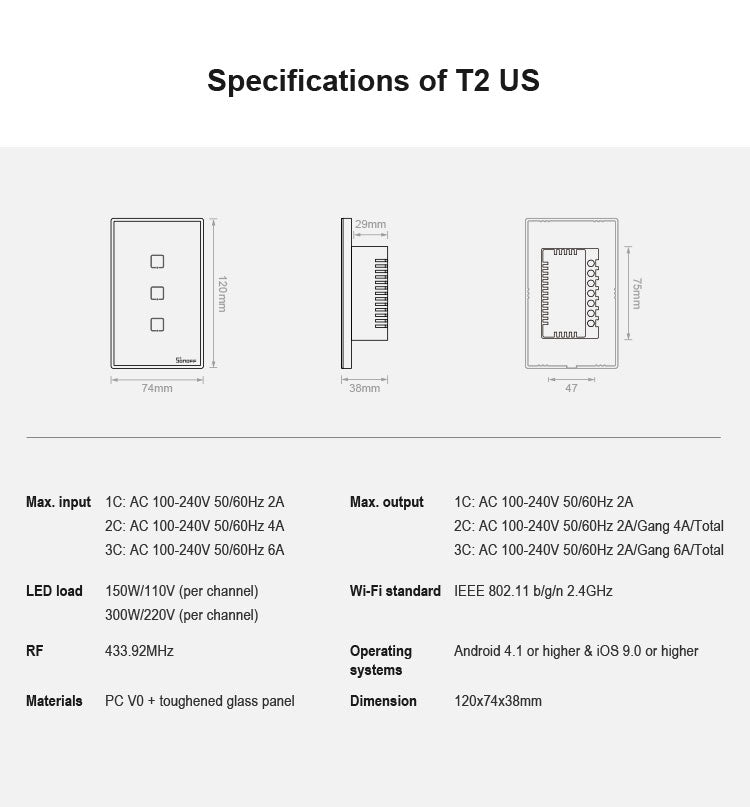 Interruptor de Parede Inteligente Sonoff T2 Touch com Painel de Vidro Temperado 120mm, Compatível com Alexa e Google Home, AC 100V-240V, Ficha US, 120mm/ 3 Fichas US