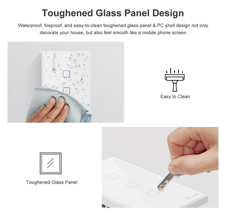 Interruptor de Parede Inteligente Sonoff T2 Touch com Painel de Vidro Temperado 120mm, Compatível com Alexa e Google Home, AC 100V-240V, Ficha US, 120mm/ 3 Fichas US