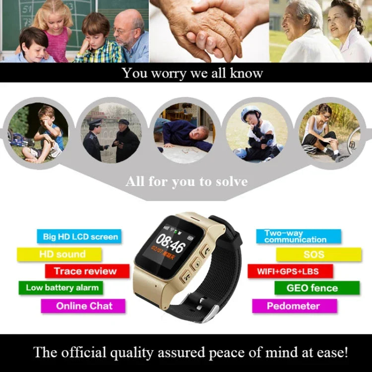 Smartwatch GPS D99+ com Ecrã LCD HD de 1,22 polegadas para Idosos, Impermeável, Suporta Posicionamento GPS + LBS + WiFi / Chamadas Bidirecionais / Monitorização de Voz / Socorro com Um Toque / Alarme de Pulso Fora / Cerca de Segurança, D99+ Ouro Rosa