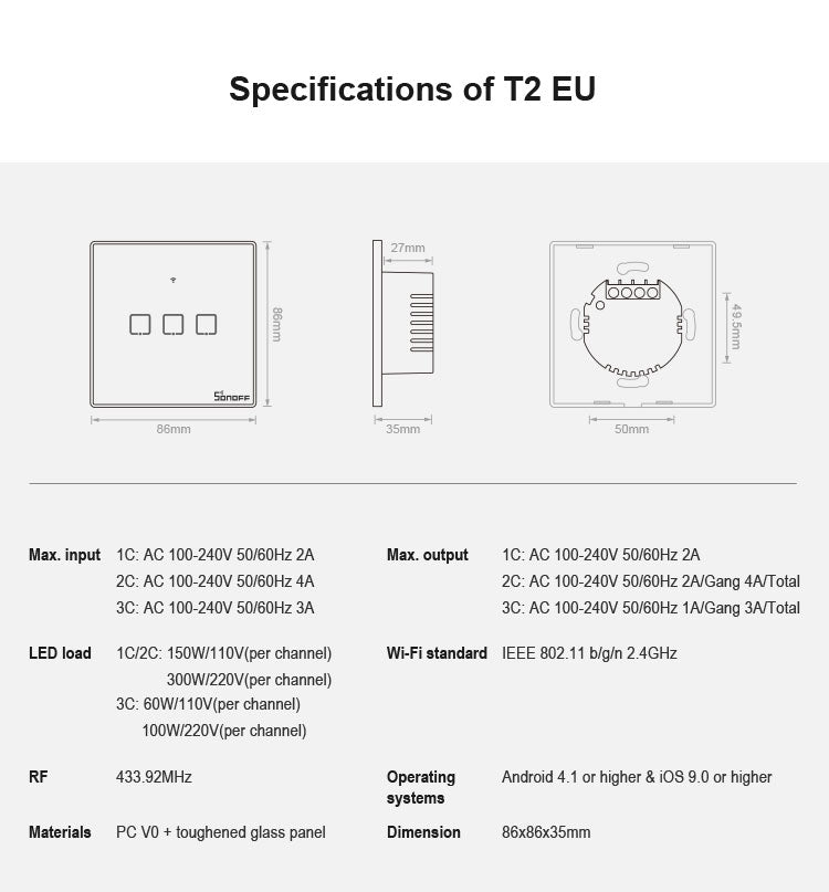 Interruptor de Parede Inteligente Sonoff T2 Touch com Painel de Vidro Temperado 86mm, Compatível com Alexa e Google Home, AC 100V-240V, Plugue EU, 86mm/ 2 Plugues EU