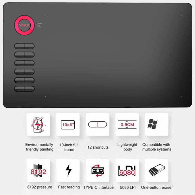 VEIKK A15 Mesa Gráfica Eletrónica Inteligente de 10x6 polegadas 5080 LPI com Ecrã Tátil, com Interface Type-C, A15 Dourado, A15 Azul, A15 Vermelho