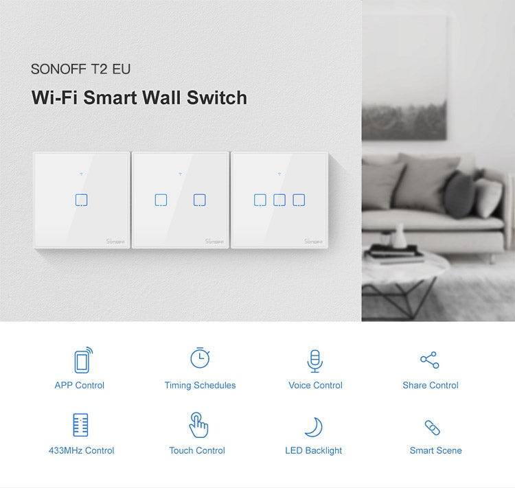 Interruptor de Parede Táctil Sonoff T2 86mm com Painel de Vidro Temperado, Casa Inteligente, Compatível com Alexa e Google Home, AC 100V-240V, Tomada EU, 86mm/ 3 Tomadas EU