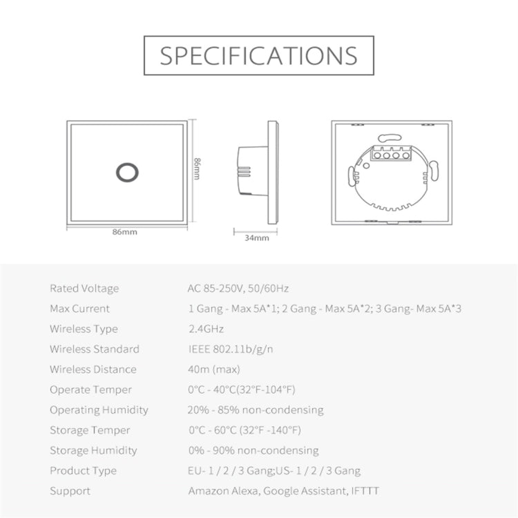 Interruptor de Controlo Inteligente de Luz WiFi Sem Fios NEO NAS-SC01W UE 1 Gangue, 1 Gangue