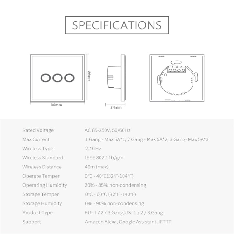 Interruptor de Controlo de Luz Inteligente WiFi Sem Fios NEO NAS-SC03W EU 3 Gangues, 3 Gangues