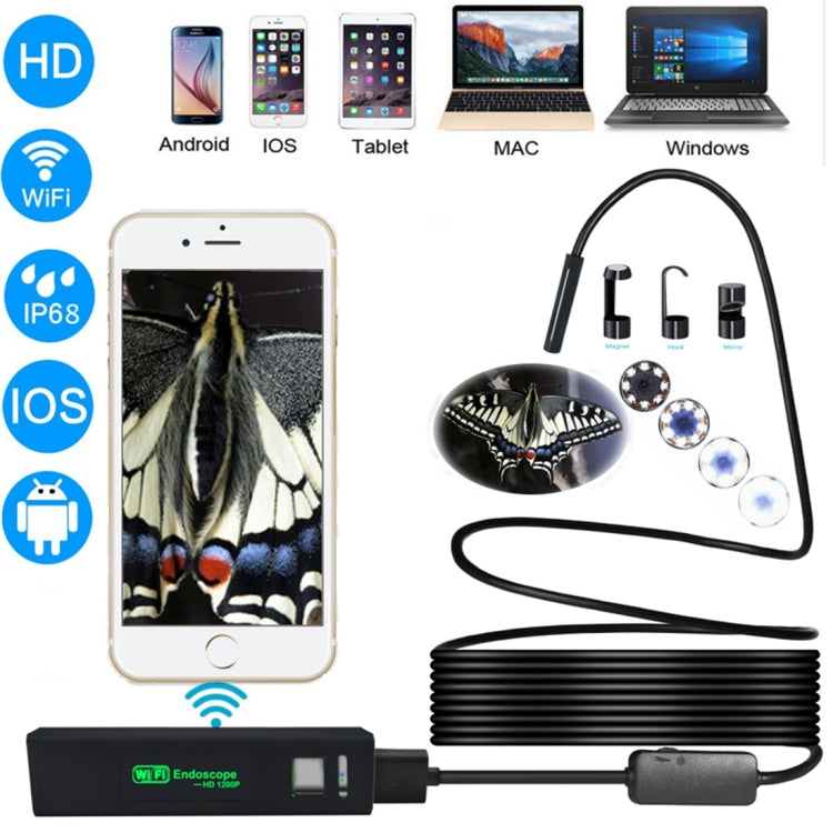 Câmara Endoscópica WiFi YPC110 8mm 2.0MP HD com Tubo de Cobra, 8 LEDs, Impermeável IP68, Diâmetro da Lente: 8mm, Comprimento: 2m, Cabo Rígido