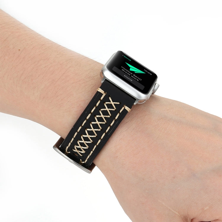 Para Apple Watch Series 10 42mm / 9&8&7 41mm / SE 3&SE 2&6&SE&5&4 40mm / 3&2&1 38mm Correia de Relógio de Pulso em Couro Genuíno com Padrão de Linha Manual, Para 38mm