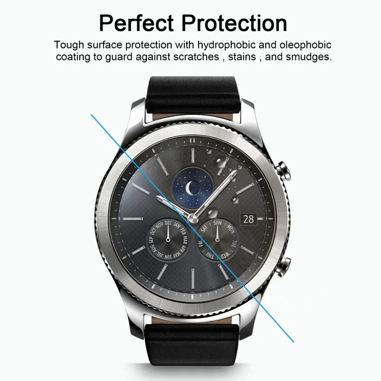 Samsung Gear S3 tempered glass screen protector with tough surface protection against scratches and smudges.