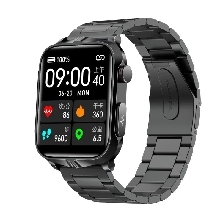 Smartwatch TK11P com Ecrã IPS de 1,83 polegadas IP68 à Prova de Água e Pulseira de Aço, Suporta Monitorização de Stress / ECG, Pulseira de Aço (Preto)