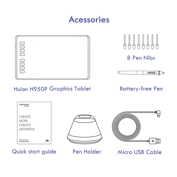 Mesa Digitalizadora Gráfica Profissional HUION Inspiroy Série H950P 5080LPI USB para Windows / Mac OS, com Caneta Sem Bateria