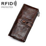 Carteira longa anti-magnética RFID em pele de vaca, com compartimentos para cartões, 3520 Vermelho, 3520 Castanho-amarelado, 3520 Preto, 3520 Café, 3520 Azul