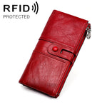 Carteira longa anti-magnética RFID em pele de vaca, com compartimentos para cartões, 3520 Vermelho, 3520 Castanho-amarelado, 3520 Preto, 3520 Café, 3520 Azul