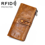 Carteira longa anti-magnética RFID em pele de vaca, com compartimentos para cartões, 3520 Vermelho, 3520 Castanho-amarelado, 3520 Preto, 3520 Café, 3520 Azul