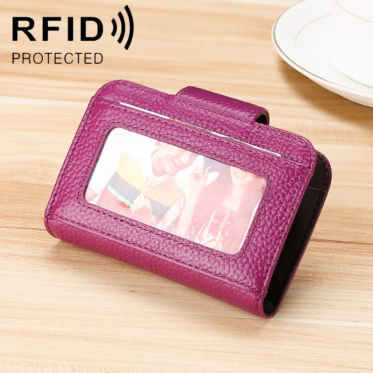 KB188 Horizontal Cowhide Leather Organ Shape Multiple Card Slots Anti-magnetic RFID Wallet for Ladies, with Transparent Window, KB188 Black, KB188 Coffee, KB188 Purple, KB188 Rose Red, KB188 Sapphire Blue