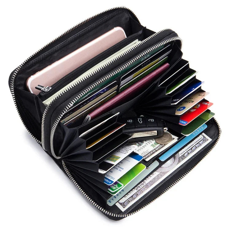 Carteira Bolsa Anti-Roubo com Duplo Fecho de Zíper, Grande Capacidade, Múltiplos Cartões, RFID, Trança de Pele de Carneiro