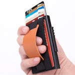 Carteira Bolsa Elástica Masculina em Liga de Alumínio com Fecho Automático Tipo Cartão Anti-Magnético RFID, Botão de Disco A, com Alça em Pele PU, X-32C Botão de Disco A Preto, X-32C Botão de Disco A Prateado