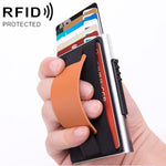 Carteira Bolsa Elástica Masculina em Liga de Alumínio com Fecho Automático Tipo Cartão Anti-Magnético RFID, Botão de Disco A, com Alça em Pele PU, X-32C Botão de Disco A Preto, X-32C Botão de Disco A Prateado