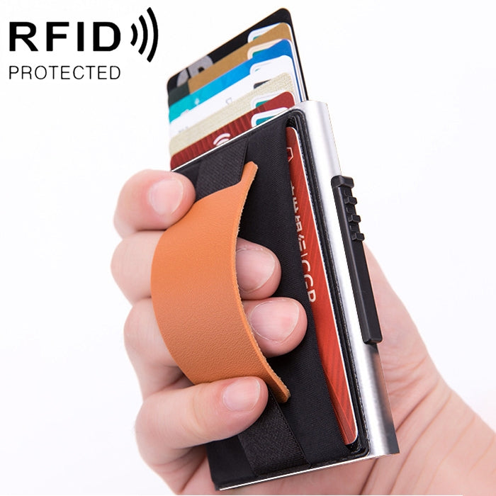 Carteira Bolsa Elástica Masculina em Liga de Alumínio com Fecho Automático Tipo Cartão Anti-Magnético RFID, Botão de Disco A, com Alça em Pele PU, X-32C Botão de Disco A Preto, X-32C Botão de Disco A Prateado