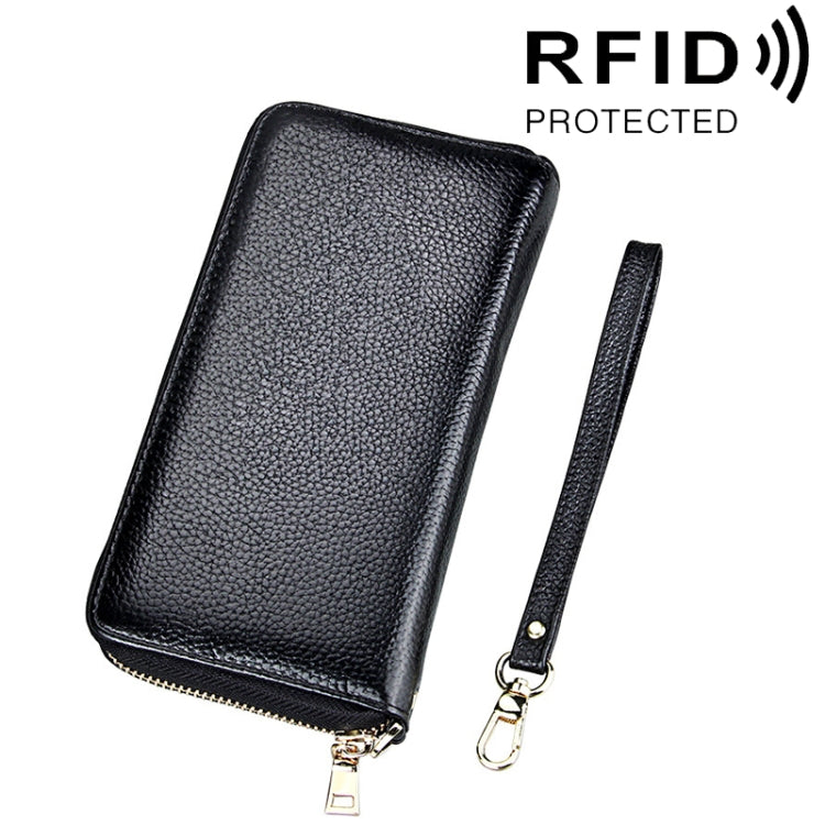 Carteira Longa de Couro Genuíno com Textura Litchi, Zíper, Porta-cartões com Bloqueio RFID, Porta-moedas, Bolsa Protetora com Alça de Mão para Mulheres, Tamanho: 20*10.5*3cm