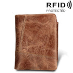 Carteira Curta de Couro Genuíno com Textura Crazy Horse, Zíper, 3 Dobras, Porta-cartões com Bloqueio RFID, Porta-moedas, Bolsa Protetora para Homens, Tamanho: 12*9.5*4cm (Taupe), 3585