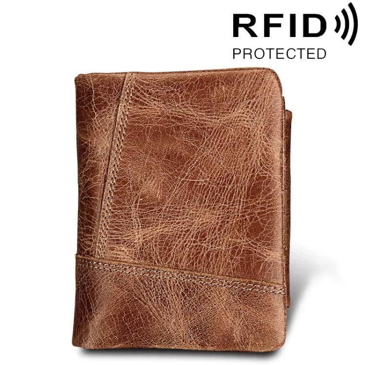 Carteira Curta de Couro Genuíno com Textura Crazy Horse, Zíper, 3 Dobras, Porta-cartões com Bloqueio RFID, Porta-moedas, Bolsa Protetora para Homens, Tamanho: 12*9.5*4cm (Taupe), 3585