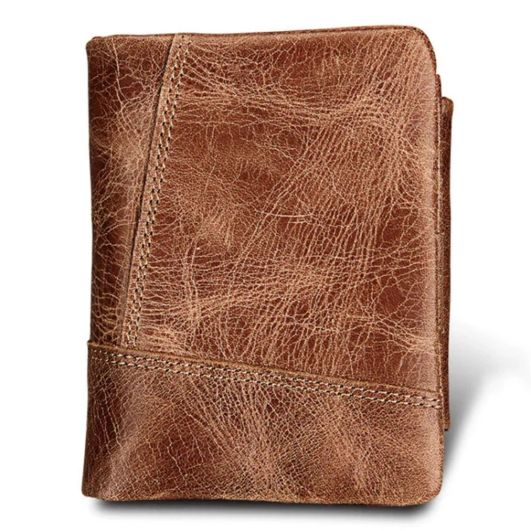 Carteira Curta de Couro Genuíno com Textura Crazy Horse, Zíper, 3 Dobras, Porta-cartões com Bloqueio RFID, Porta-moedas, Bolsa Protetora para Homens, Tamanho: 12*9.5*4cm (Taupe), 3585
