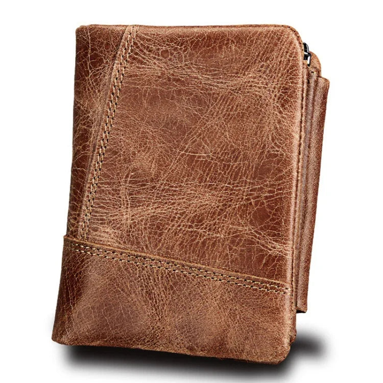 Carteira Curta de Couro Genuíno com Textura Crazy Horse, Zíper, 3 Dobras, Porta-cartões com Bloqueio RFID, Porta-moedas, Bolsa Protetora para Homens, Tamanho: 12*9.5*4cm (Taupe), 3585