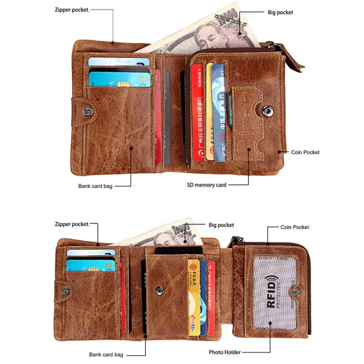 Carteira Curta de Couro Genuíno com Textura Crazy Horse, Zíper, 3 Dobras, Porta-cartões com Bloqueio RFID, Porta-moedas, Bolsa Protetora para Homens, Tamanho: 12*9.5*4cm (Taupe), 3585