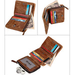 Carteira Curta de Couro Genuíno com Textura Crazy Horse, Zíper, 3 Dobras, Porta-cartões com Bloqueio RFID, Porta-moedas, Bolsa Protetora para Homens, Tamanho: 12*9.5*4cm (Taupe), 3585