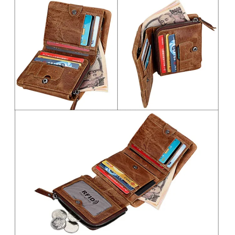 Carteira Curta de Couro Genuíno com Textura Crazy Horse, Zíper, 3 Dobras, Porta-cartões com Bloqueio RFID, Porta-moedas, Bolsa Protetora para Homens, Tamanho: 12*9.5*4cm (Taupe), 3585
