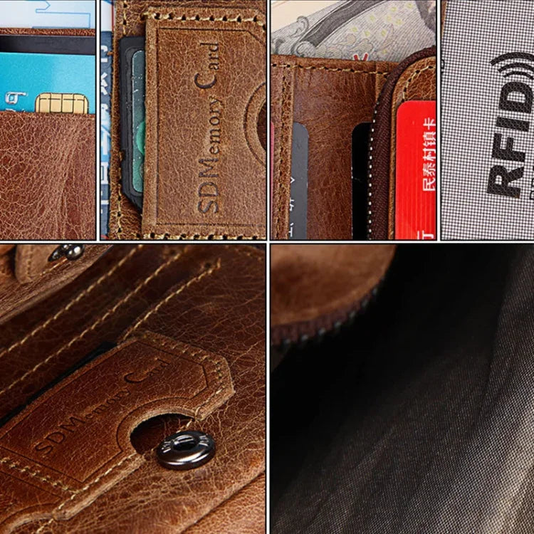 Carteira Curta de Couro Genuíno com Textura Crazy Horse, Zíper, 3 Dobras, Porta-cartões com Bloqueio RFID, Porta-moedas, Bolsa Protetora para Homens, Tamanho: 12*9.5*4cm (Taupe), 3585