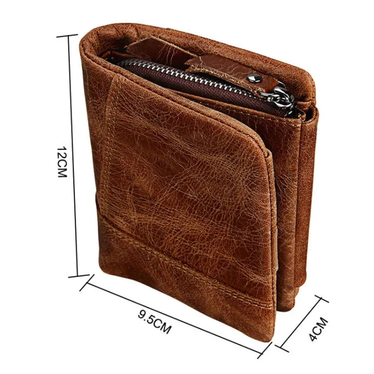 Carteira Curta de Couro Genuíno com Textura Crazy Horse, Zíper, 3 Dobras, Porta-cartões com Bloqueio RFID, Porta-moedas, Bolsa Protetora para Homens, Tamanho: 12*9.5*4cm (Taupe), 3585