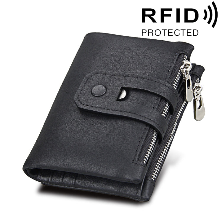 Carteira Porta-Cartões de Couro Genuíno de Cavalo Louco com Fecho de Zíper e Bloqueio RFID, Porta-Moedas e Cartões para Homem, Tamanho: 12*9,5*3,5 cm