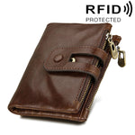 Carteira Porta-Cartões de Couro Genuíno de Cavalo Louco com Fecho de Zíper e Bloqueio RFID, Porta-Moedas e Cartões para Homem, Tamanho: 12*9,5*3,5 cm