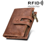 Carteira Porta-Cartões de Couro Genuíno de Cavalo Louco com Fecho de Zíper e Bloqueio RFID, Porta-Moedas e Cartões para Homem, Tamanho: 12*9,5*3,5 cm