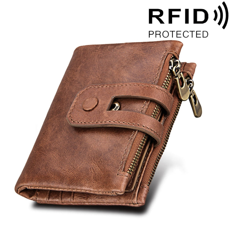 Carteira Porta-Cartões de Couro Genuíno de Cavalo Louco com Fecho de Zíper e Bloqueio RFID, Porta-Moedas e Cartões para Homem, Tamanho: 12*9,5*3,5 cm