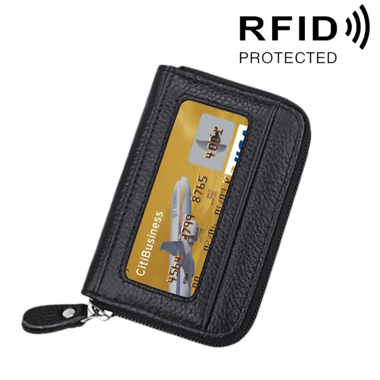 Carteira Porta-Cartões Horizontal com Fecho de Zíper em Couro Genuíno de Vaca, Cor Sólida, Bloqueio RFID, Bolsa Protetora com 12 Espaços para Cartões, Tamanho: 11.5*7.5cm