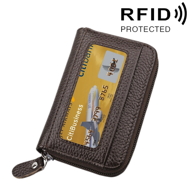 Carteira Porta-Cartões Horizontal com Fecho de Zíper em Couro Genuíno de Vaca, Cor Sólida, Bloqueio RFID, Bolsa Protetora com 12 Espaços para Cartões, Tamanho: 11.5*7.5cm
