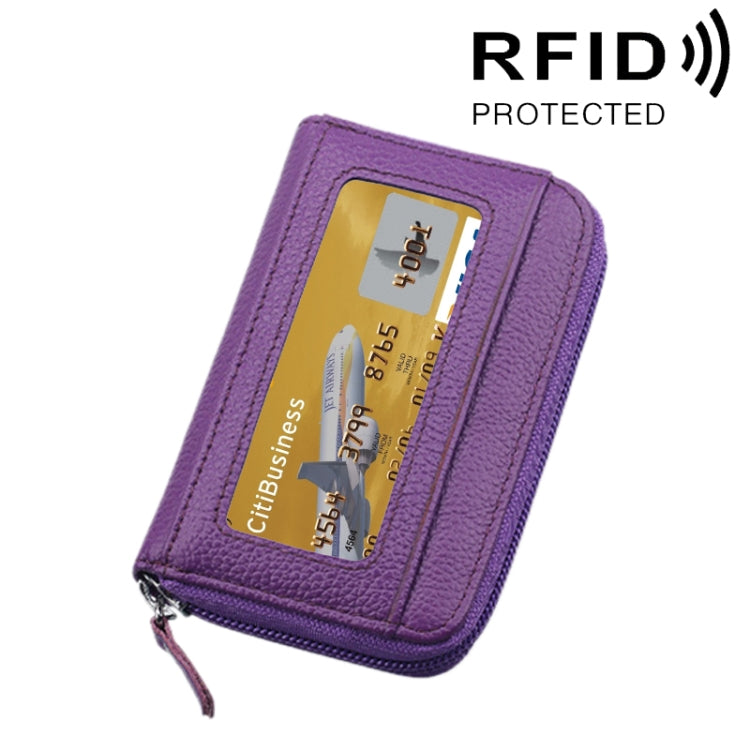 Carteira Porta-Cartões Horizontal com Fecho de Zíper em Couro Genuíno de Vaca, Cor Sólida, Bloqueio RFID, Bolsa Protetora com 12 Espaços para Cartões, Tamanho: 11.5*7.5cm