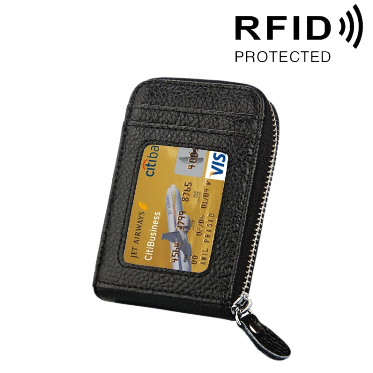 Carteira Porta-Cartões Vertical com Fecho de Zíper em Couro Genuíno de Vaca, Cor Sólida, Bloqueio RFID, Bolsa Protetora com 12 Espaços para Cartões, Tamanho: 11.5*7.5cm