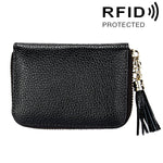 Carteira Porta-cartões em Pele de Vaca Genuína de Cor Sólida com Fecho de Correr, Bolsa Protetora com Bloqueio RFID, Porta-moedas com Pendente de Tassel e 15 Espaços para Cartões para Senhora, Tamanho: 11.1*7.6*3.5cm