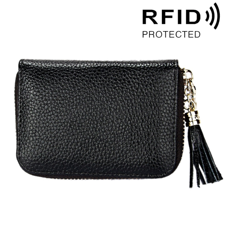 Carteira Porta-cartões em Pele de Vaca Genuína de Cor Sólida com Fecho de Correr, Bolsa Protetora com Bloqueio RFID, Porta-moedas com Pendente de Tassel e 15 Espaços para Cartões para Senhora, Tamanho: 11.1*7.6*3.5cm